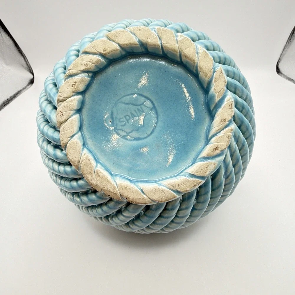 Vtg Spain Woven Ceramic Basket Aqua Blue Applied Fruit Floral Accents